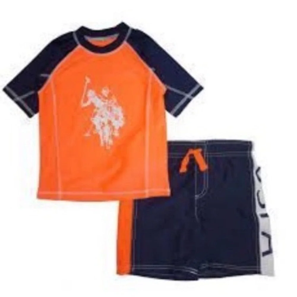 US Polo Assn Boys L 12 Swimsuit Set Orange Rashguard Navy Blue Trunks XLL925053